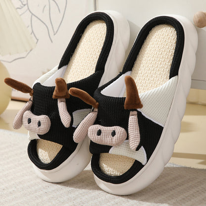 Cute Cartoon Cow Frog Slippers Linen Non-slip Shoes Indoor Garden Home Slippers - view 6