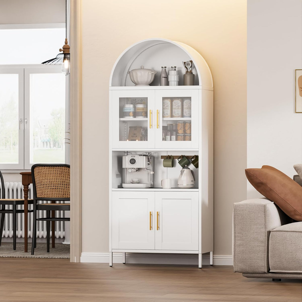 73 In Tall Metal Arched Cabinet, Kitchen Pantry Cabinet With Glass Door - view 3
