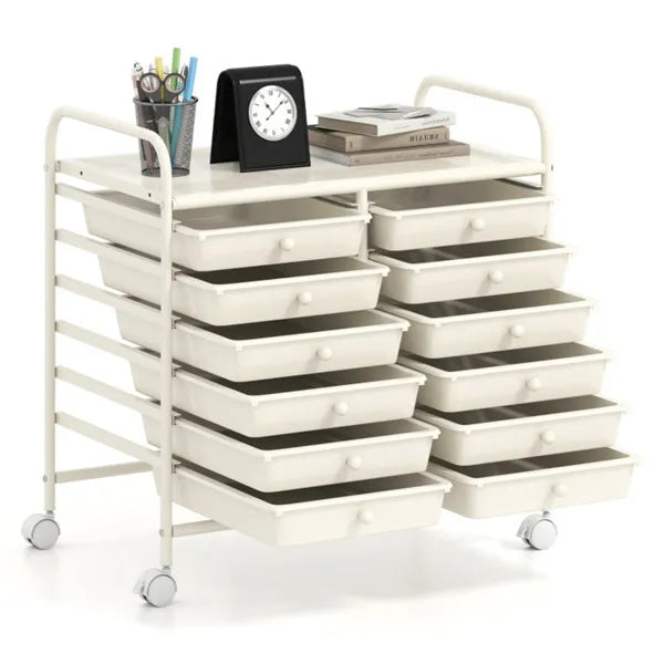 12-Drawer Rolling Storage Cart - 2-Row 10-Storey, Multicolor Drawers, 4 Wheels (2 Brake), White Frame-White