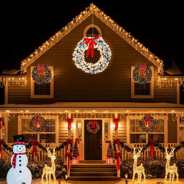 48in Pre-lit Snow Flocked Christmas Wreath, Lighted Artificial Xmas Wreath With 150 Warm White Lights And 450 PVC Tips - view 4