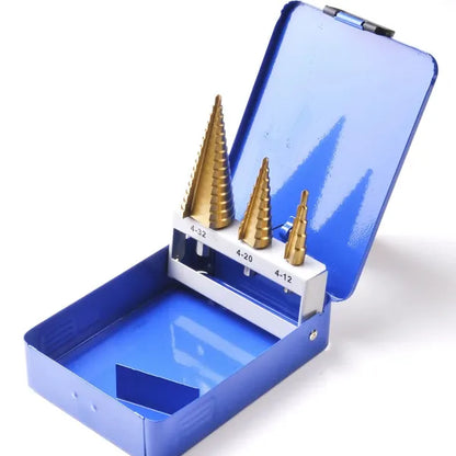 Pagoda Drill Bit 3-piece Set, Hexagonal Handle Straight Groove Metric Large 3PC Iron Box (380g)