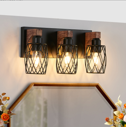 18inch Industrial Vintage 3-Light Wall Sconce - Black Cage Wall Lighting Fixture With Wooden Accents For Bathroom