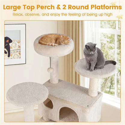 52" Tall Cat Tree Tower With Perches & Condos, Multi-Cat Playground With Scratching Posts (Beige) - view 5