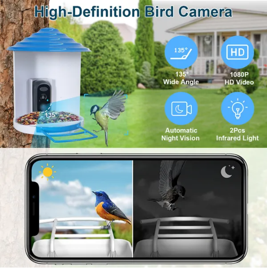 Smart Bird Feeder With Solar Powered Camera 1080P HD AI Identify PIR Motion Auto Capture Video Cloud Card Storage WiFi - view 2