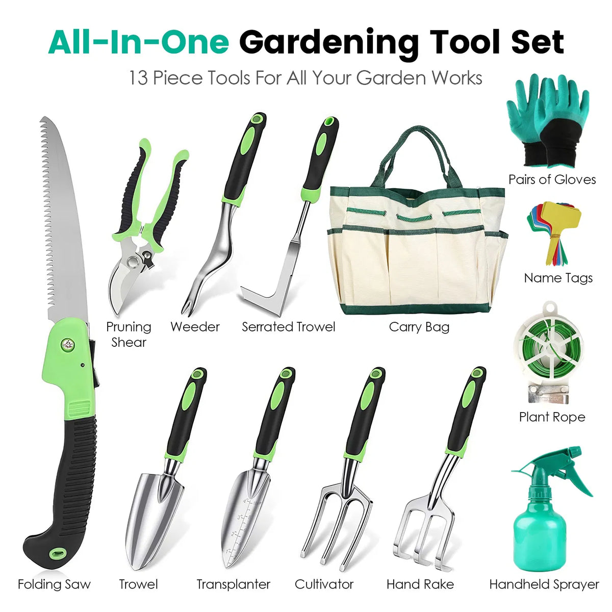 Aluminum Alloy Gardening Hand Tools 13-Piece Set, Multi-Function Garden Kit with Oxford Carry Bag, Plant Tags - view 8