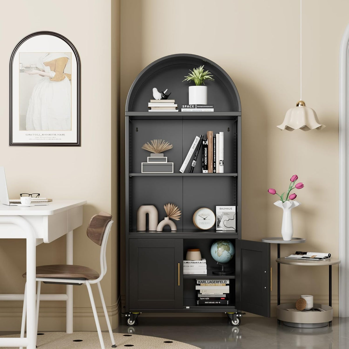 Metal Arched Bookcase With Wheels, Modern Freestanding Black Arch Storage Cabinets For Home Office Bookshelf Living Room - view 3