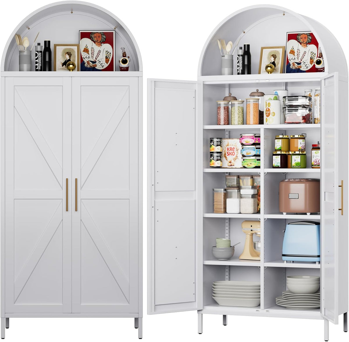 Tall Kitchen Pantry Cabinet, Arched Storage Cabinet With Doors And Adjustable Shelves - view 4