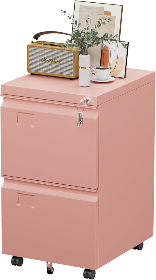 2 Drawer Mobile File Cabinet With Lock, Under Desk Metal Filing Cabinet For Office, Home