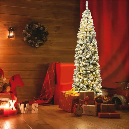 7.5ft Snow Flocked Pencil Christmas Tree - 641 Branch Tips, 350 Warm LED Lights, PVC+Metal - view 2