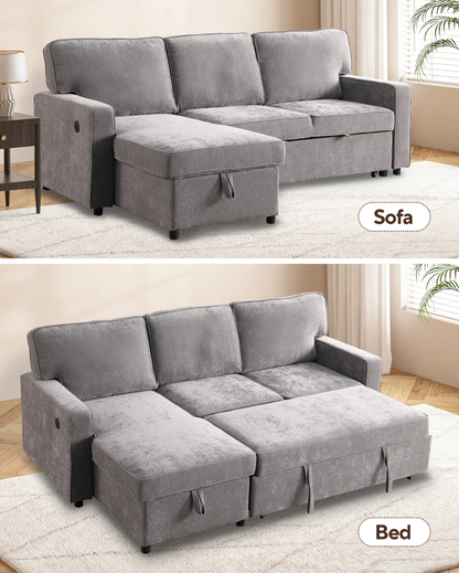 Upholstery Sleeper GREY Sectional Sofa With Storage Space, USB Port, 2 Cup Holders On Back Cushions - view 8