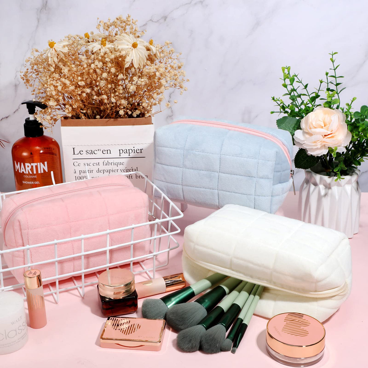 Plush Makeup Bag Checkered Cosmetic Bag Cosmetic Travel Bag Large Zipper Travel Toiletry Bag Portable Multi Functional