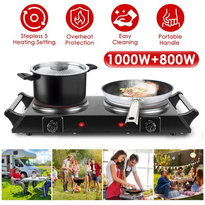 1800W Electric Double Burner Portable Heating Hot Plate Stove Countertop RV Hotplate With 5 Temperature Stepless