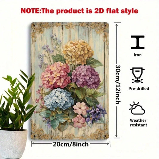 Vintage Metal Iron Sign Vibrant Hydrangea Bouquet With Golden Accents, Rustic Farmhouse Wall Decor - view 2