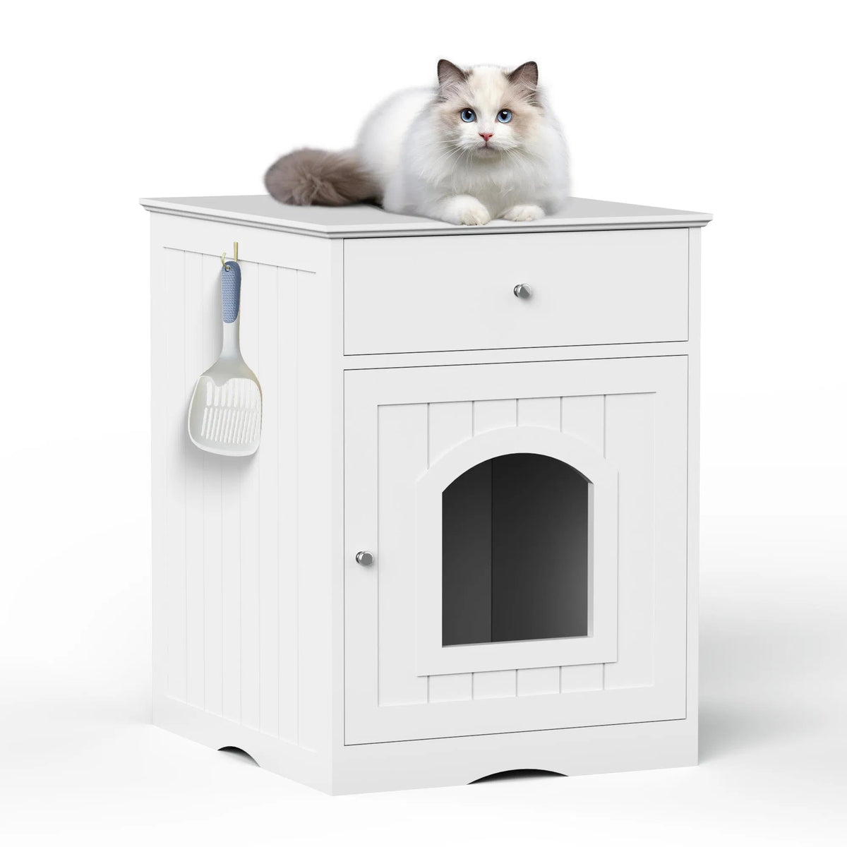 Wooden Pet House Cat Litter Box Enclosure with Drawer, Side Table, Indoor Pet Crate, Cat Home Nightstand (White) - view 10