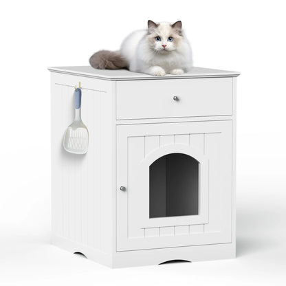 Wooden Pet House Cat Litter Box Enclosure with Drawer, Side Table, Indoor Pet Crate, Cat Home Nightstand (White) - view 10