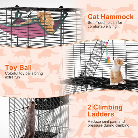 3-Tier Cat Cage Enclosure Indoor Cat Cage Playpen With Hammock Toy Ball Ladder DIY Iron Wire Cat House Kennels Crate - view 2