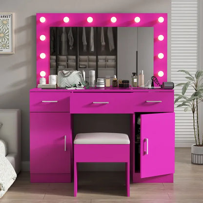 Vanity Desk Set with Large Lighted Mirror and Powre Outlet, Glass Top Makeup Vanity with 3 Drawers and 2 Cabinets - view 8
