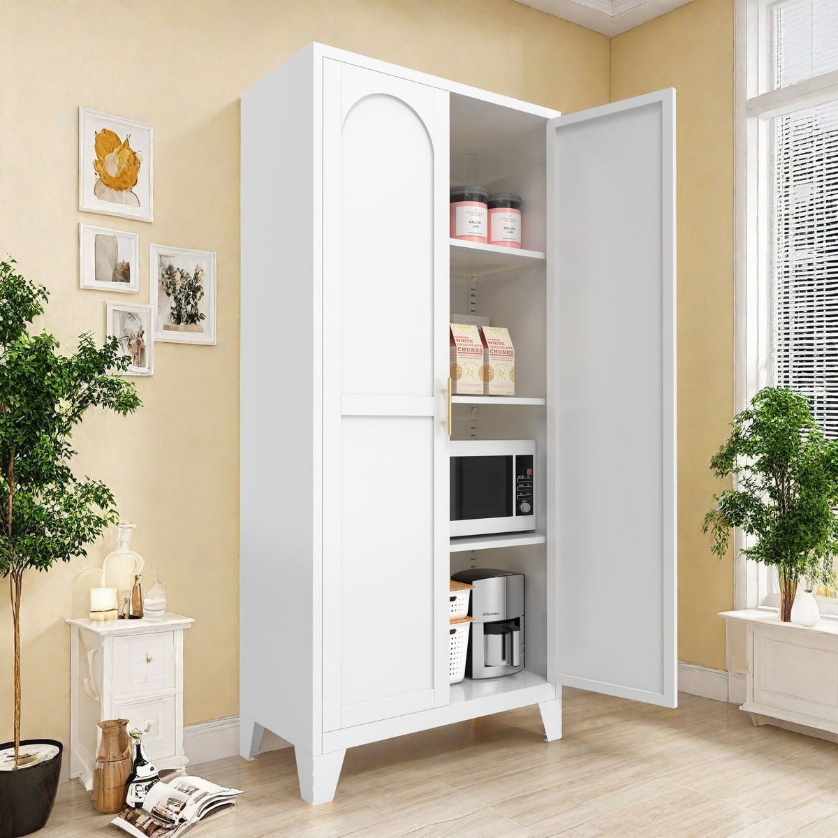 61'' 2 Shapely Doors Cabinet, Metal Storage Cabinet With Doors And Adjustable Shelves, For Bedroom, Living Room White - view 6