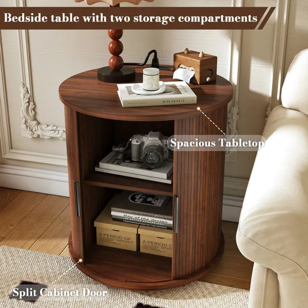 Mid Century Modern Cylinder End Table With Built-in Charging Station & Sliding Door - view 3