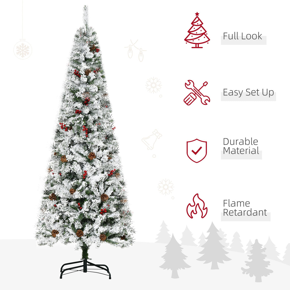 6 Foot Pencil Snow Flocked Artificial Christmas Tree With 600 Pine Realistic Branches, Pine Cones, Red Berries - view 5