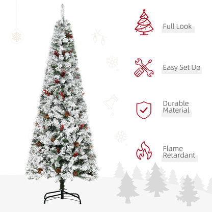 6 Foot Pencil Snow Flocked Artificial Christmas Tree With 600 Pine Realistic Branches, Pine Cones, Red Berries - view 5