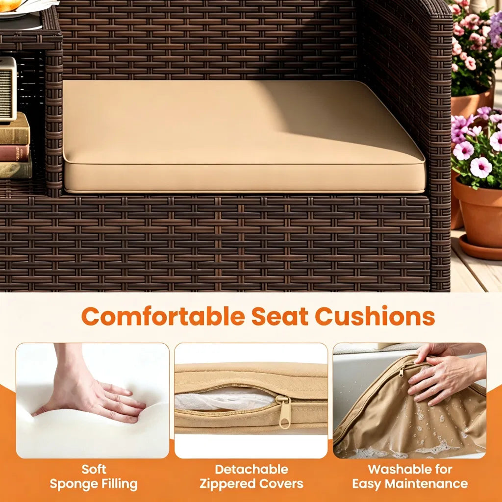 2-Seat PE Wicker Patio Loveseat Set, Outdoor Rattan Sofa with 2-Tier Tempered Glass Table - view 10