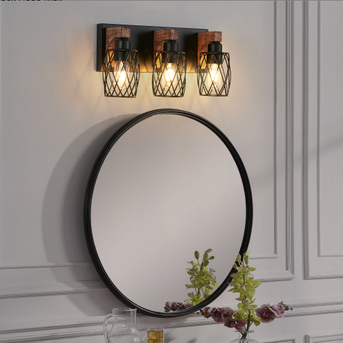 18inch Industrial Vintage 3-Light Wall Sconce - Black Cage Wall Lighting Fixture With Wooden Accents For Bathroom - view 6