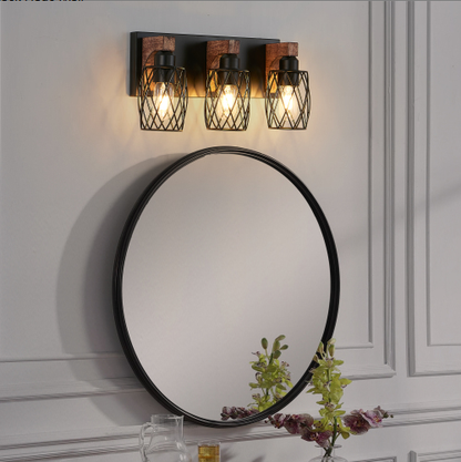 18inch Industrial Vintage 3-Light Wall Sconce - Black Cage Wall Lighting Fixture With Wooden Accents For Bathroom - view 6