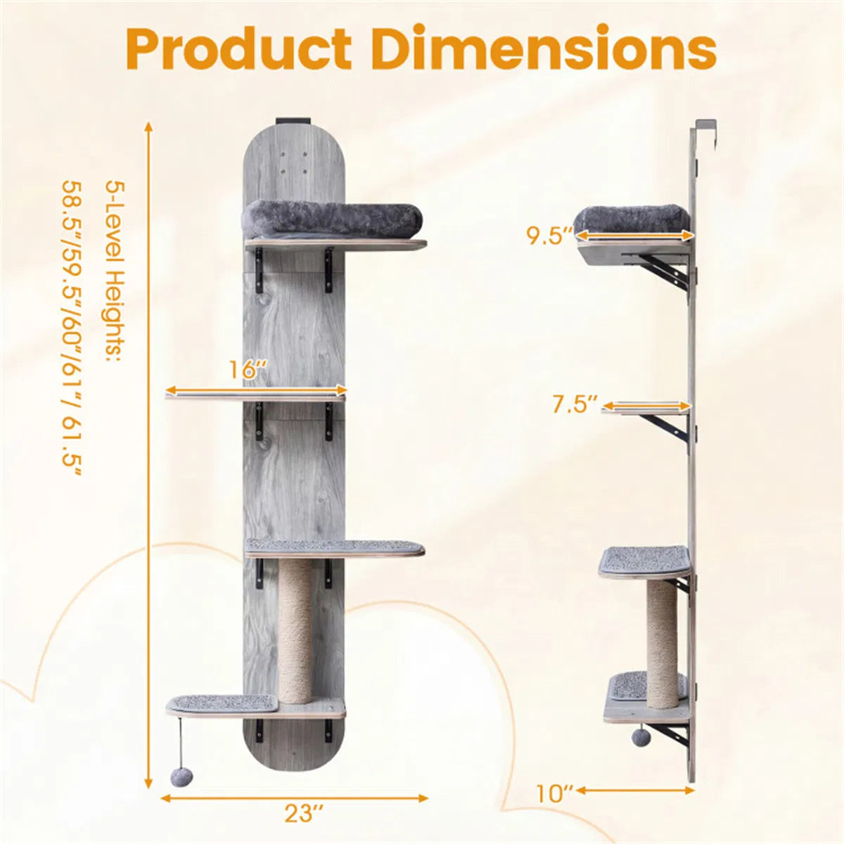 Door Hanging Cat Tree 5-Level Height Adjustable 4-Tier Climber No-Drill for Apartment Grey - view 3