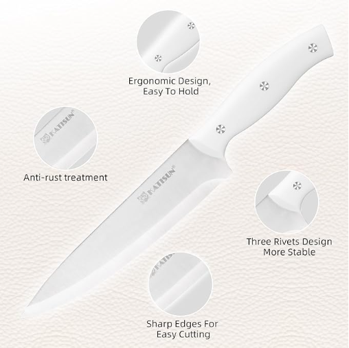 15-Piece White Kitchen Knife Set With Built-in Sharpening Stone, Ergonomic Triple Rivet Fixed Handles, Dishwasher Safe - view 4