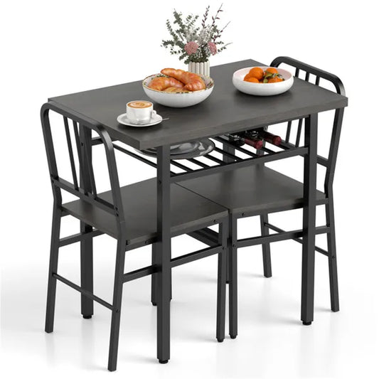 3-Piece Dining Table Set (Gray + Black), Space-Saving Tuck-under Chair Design - view 2