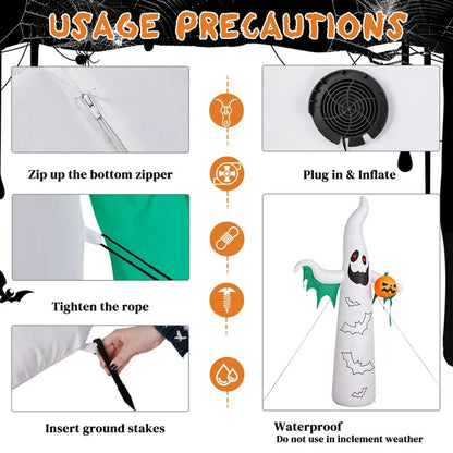 12ft Inflatable Halloween Decor With Flashing Bats & White Ghosts, 4 LED Lights + 82 String Lights, White & Green - view 4