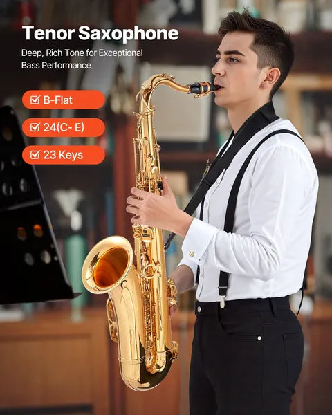 VEVOR Tenor Saxophone, B Flat, Professional Brass Saxophone Beginner Kit With Carrying Case, Mouthpiece, Straps - view 2