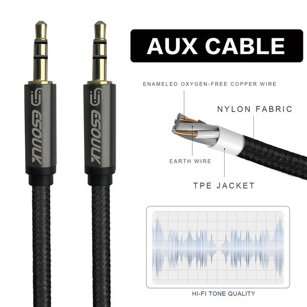 Esoulk 3M [10ft] Nylon Fabric Tangle-Free Male To Male 3.5mm Auxiliary Cable Black