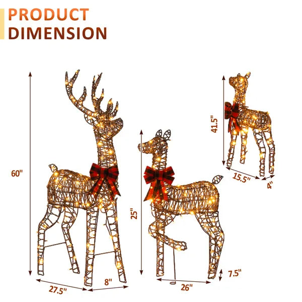 3-Piece Lighted Christmas Reindeer Family Set Outdoor Decorations, Weather Proof Rattan Deer Family Set Of 3 Christmas - view 2