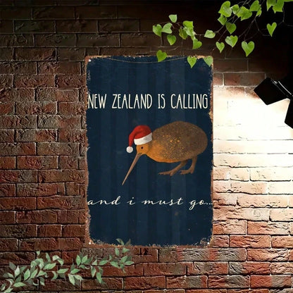 New Zealand Kiwi Metal Sign With Christmas Hat, Vintage 2D Flat Plaque Wall Art