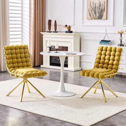 Set Of 2 Yellow Puffy Bubble Chair Ball Chain Chair Velvet Dining Chairs With Gold Legs - view 3