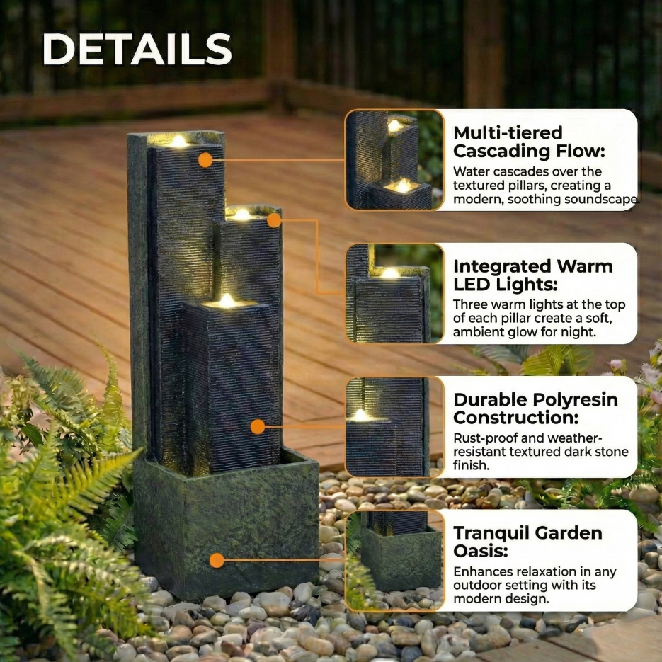 39inch H Outdoor Water Fountain Modern Cascading Freestanding Fountain With LED Lights For Garden Patio Porch Lawn Decor - view 2
