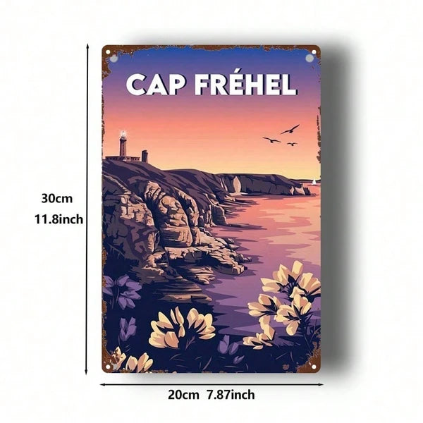 1pc Vintage French Landscape Metal Sign, Cap Frehel Lighthouse Sunset 2D Flat Wall Art - view 2
