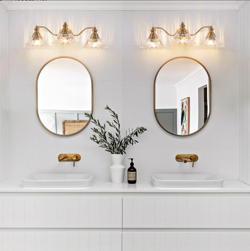 24 Inch 3-Light Vintage Bathroom Wall Sconce - Elegant Golden Metal And Glass Lampshade Vanity Light Fixture - view 4
