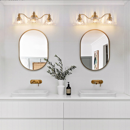 24 Inch 3-Light Vintage Bathroom Wall Sconce - Elegant Golden Metal And Glass Lampshade Vanity Light Fixture - view 4