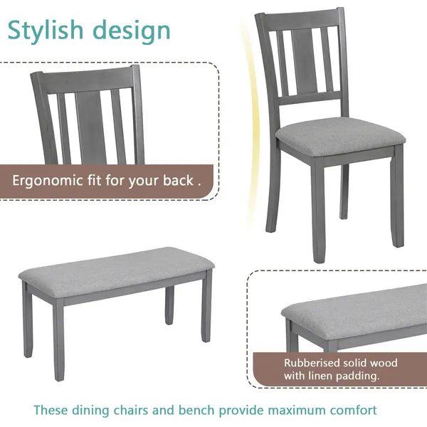 6 Piece Kitchen Dining Set, Rectangular Wooden Dining Table With 4 Upholstered Chairs And A Bench - view 2
