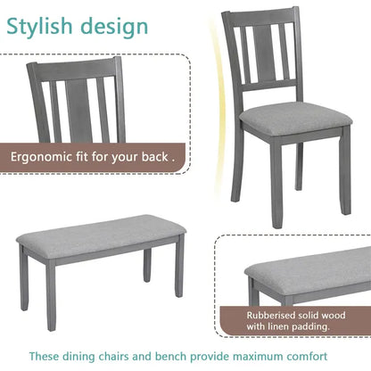 6 Piece Kitchen Dining Set, Rectangular Wooden Dining Table With 4 Upholstered Chairs And A Bench - view 2