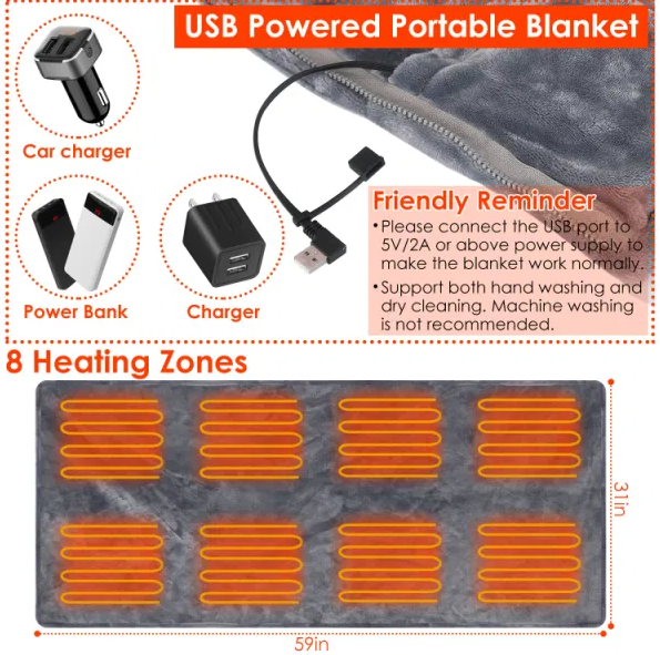 59 Plus 31in USB Heated Blanket Electric Heated Blanket Heated Poncho Shawl Wrap Throw With Zipper Washable For Home - view 8