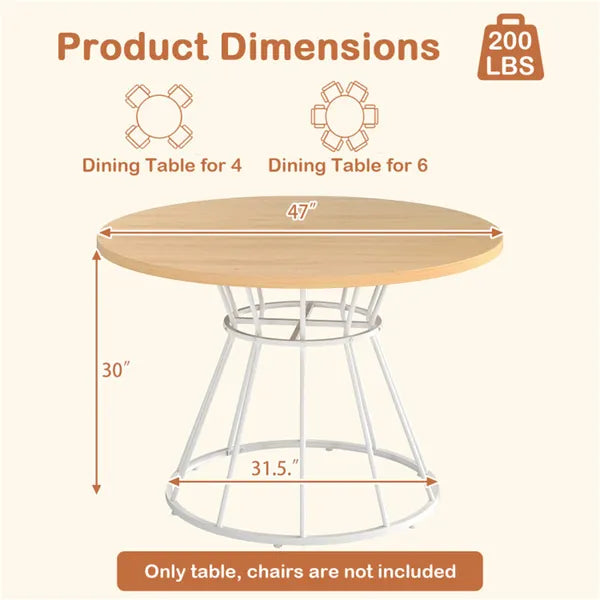 Natural 47" Round Dining Table, Family-Sized For 4-6 People, Hourglass Metal Base & Curved Tabletop - view 3
