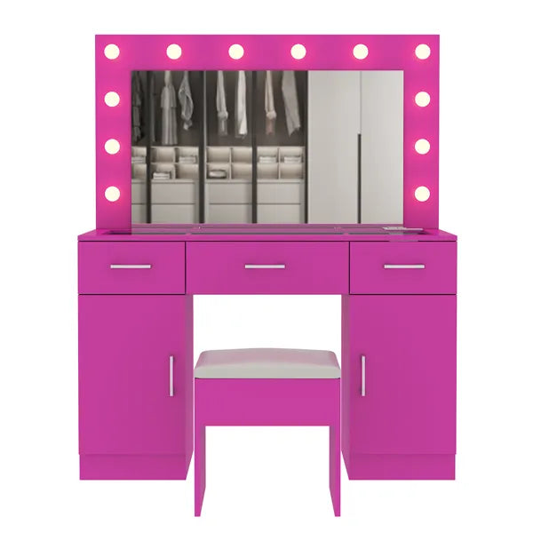 Vanity Desk Set with Large Lighted Mirror and Powre Outlet, Glass Top Makeup Vanity with 3 Drawers and 2 Cabinets - view 6