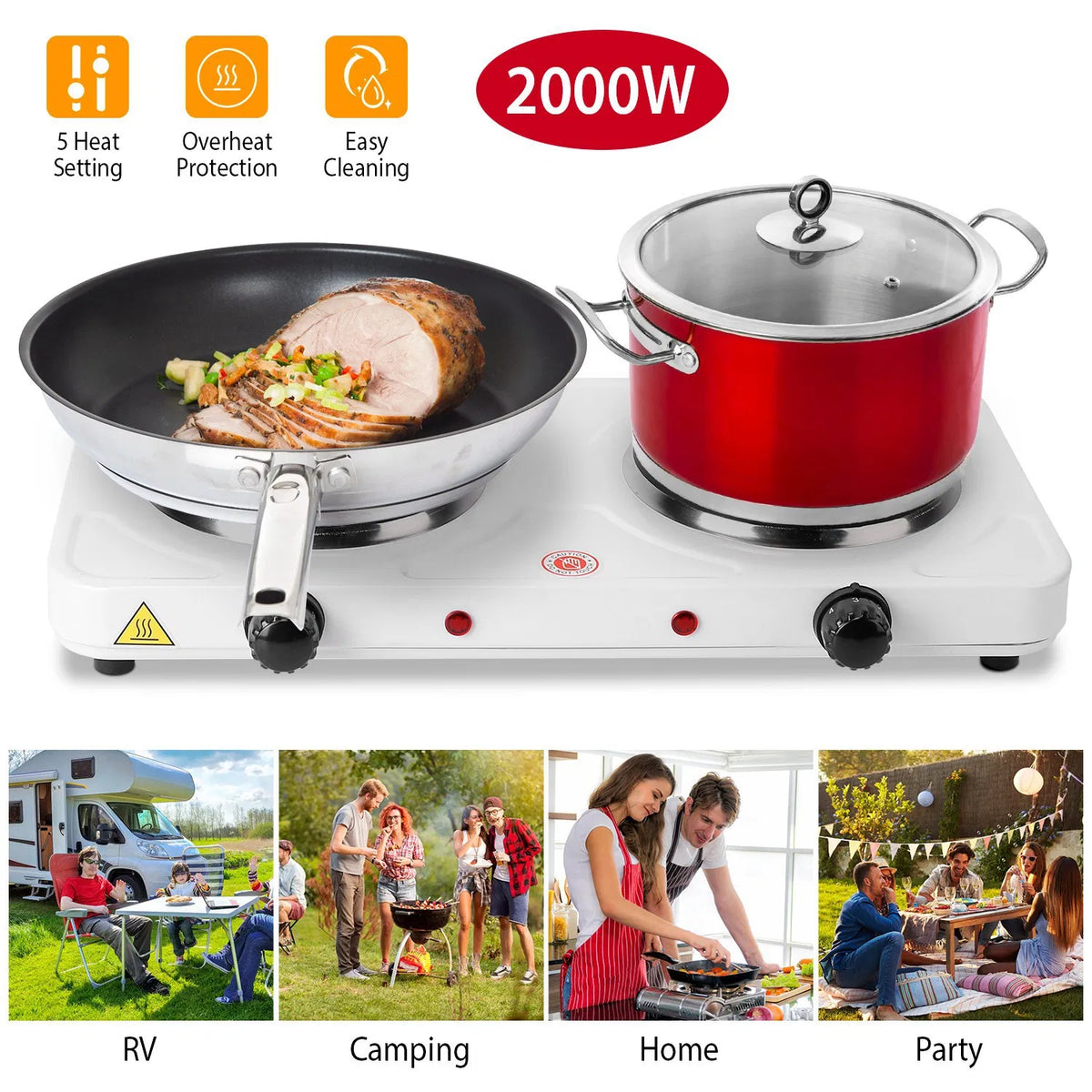 2000W Double Electric Burner Portable Dual Counter Stove Countertop Hot Plate Kitchen Cooker Stove With 5 Gear