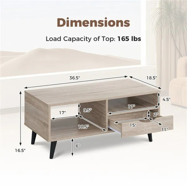 36.5" Rustic Coffee Table With Drawer & Open Shelves, Engineered Wood Center Table For Living Room Natural - view 4
