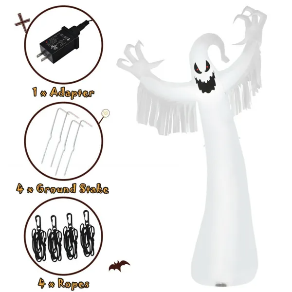 Spooky Halloween Inflatable Ghost - 12 Ft Tall With LED Lights, Waterproof Fabric, Spikes Ropes For Stability, White - view 2
