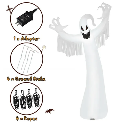 Spooky Halloween Inflatable Ghost - 12 Ft Tall With LED Lights, Waterproof Fabric, Spikes Ropes For Stability, White - view 2